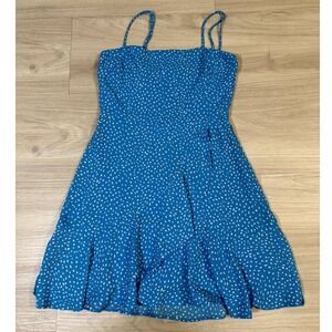 Blue White Dot Mini Dress Spaghetti Straps Ruffle Hem Flirty Summer Sundress